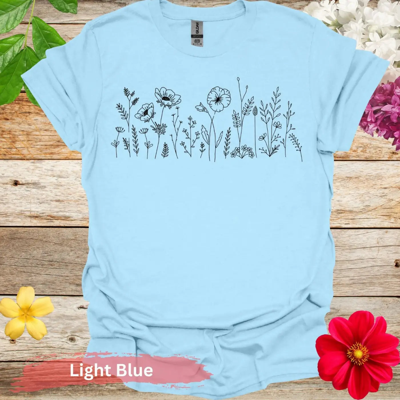 Artistic Floral Line Drawing Design T-Shirts - S / Light Blue - Physical Item