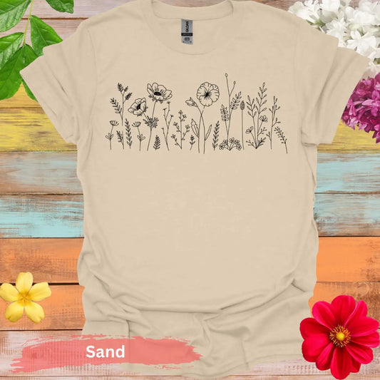 Artistic Floral Line Drawing Design T-Shirts - S / Sand - Physical Item