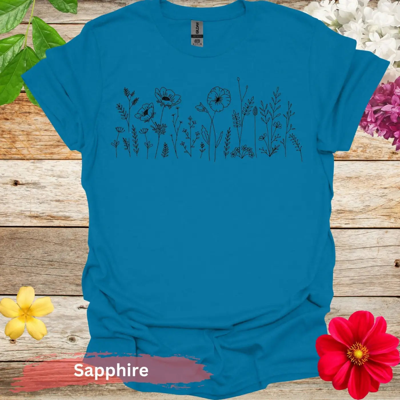 Artistic Floral Line Drawing Design T-Shirts - S / Sapphire - Physical Item