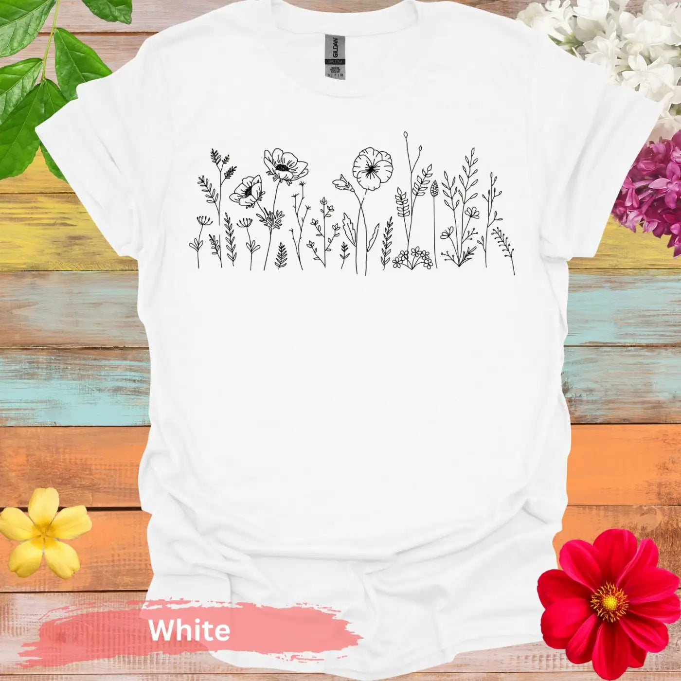 Artistic Floral Line Drawing Design T-Shirts - S / White - Physical Item