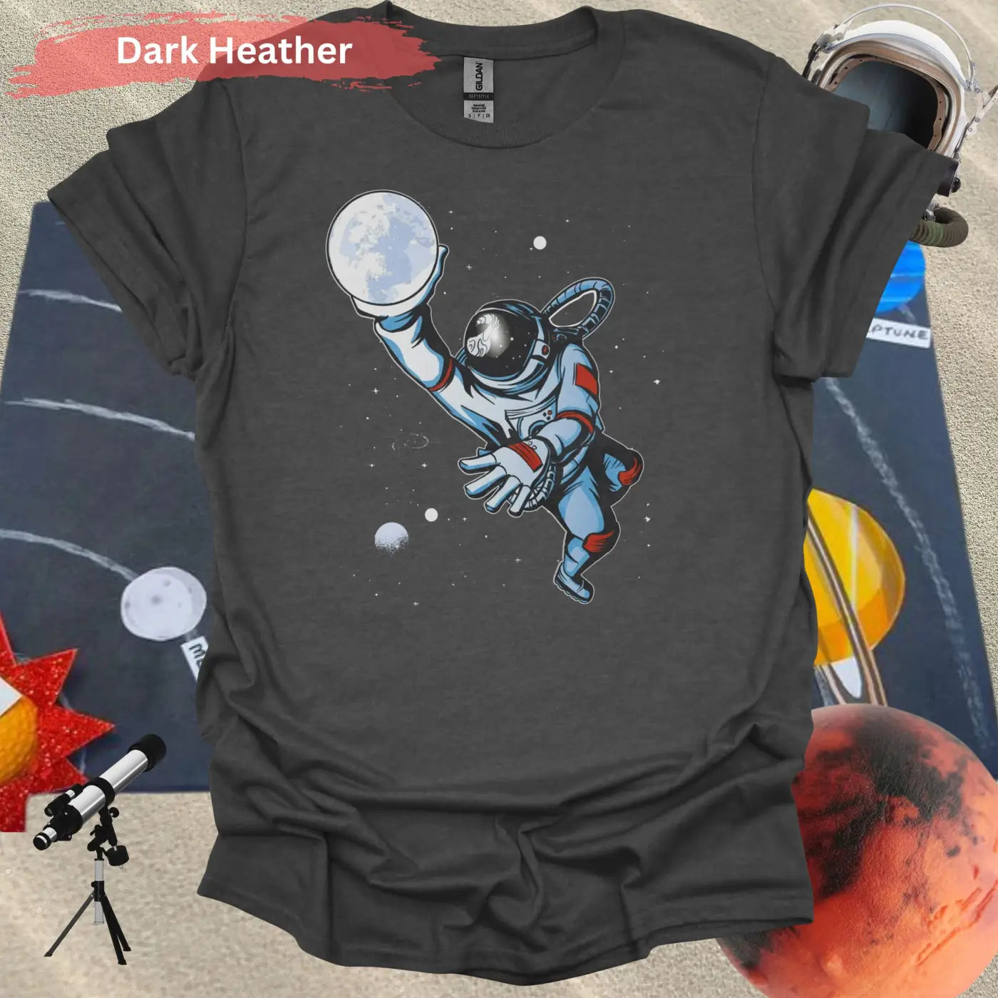 Astronaut basketball with moon T-shirt - S / Dark Heather - Physical Item