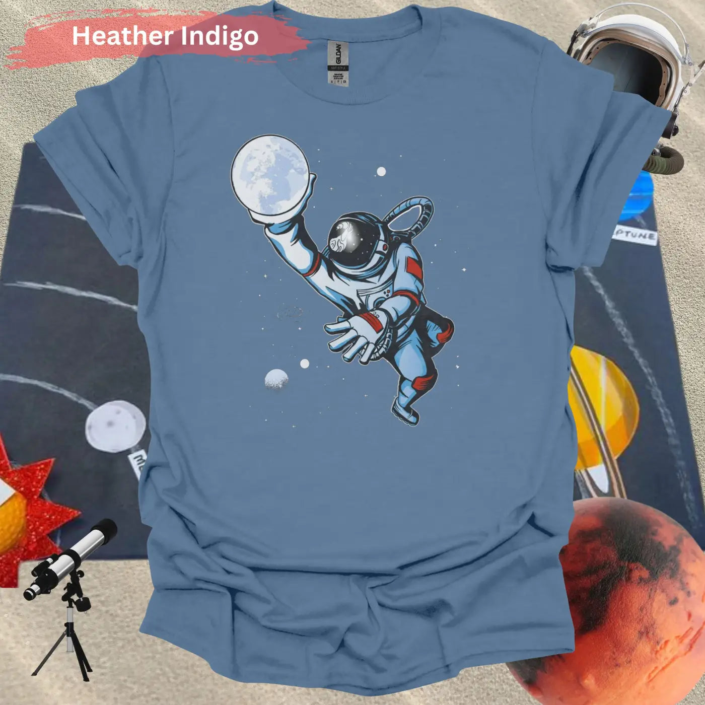 Astronaut basketball with moon T-shirt - S / Heather Indigo - Physical Item