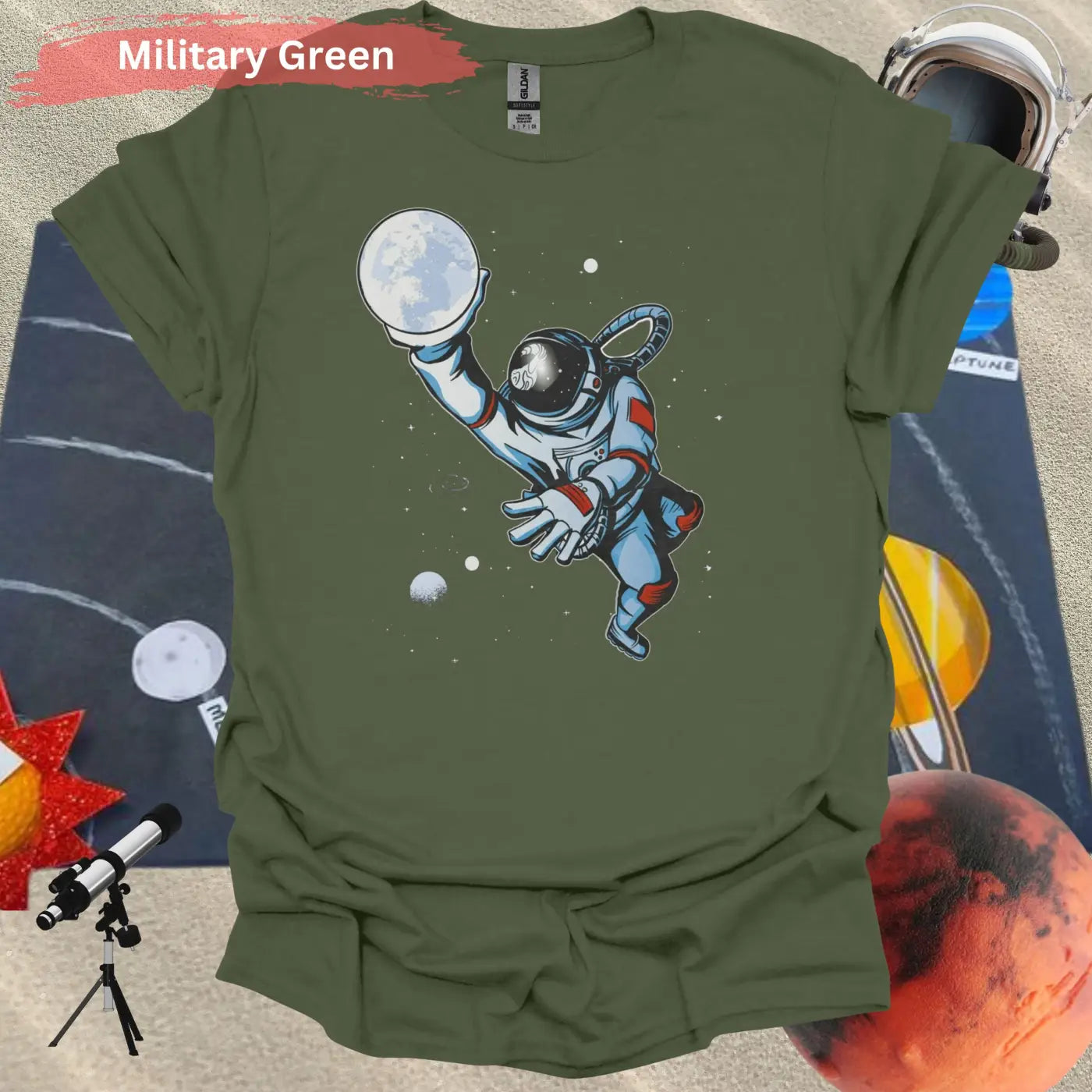 Astronaut basketball with moon T-shirt - S / Military Green - Physical Item