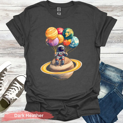 Astronaut Chilling with Planet Balloons T-shirt - S / Dark Heather - Physical Item