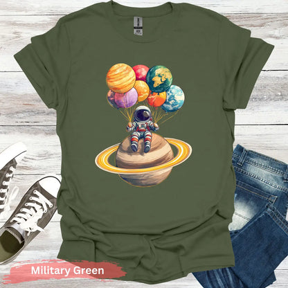 Astronaut Chilling with Planet Balloons T-shirt - S / Military Green - Physical Item