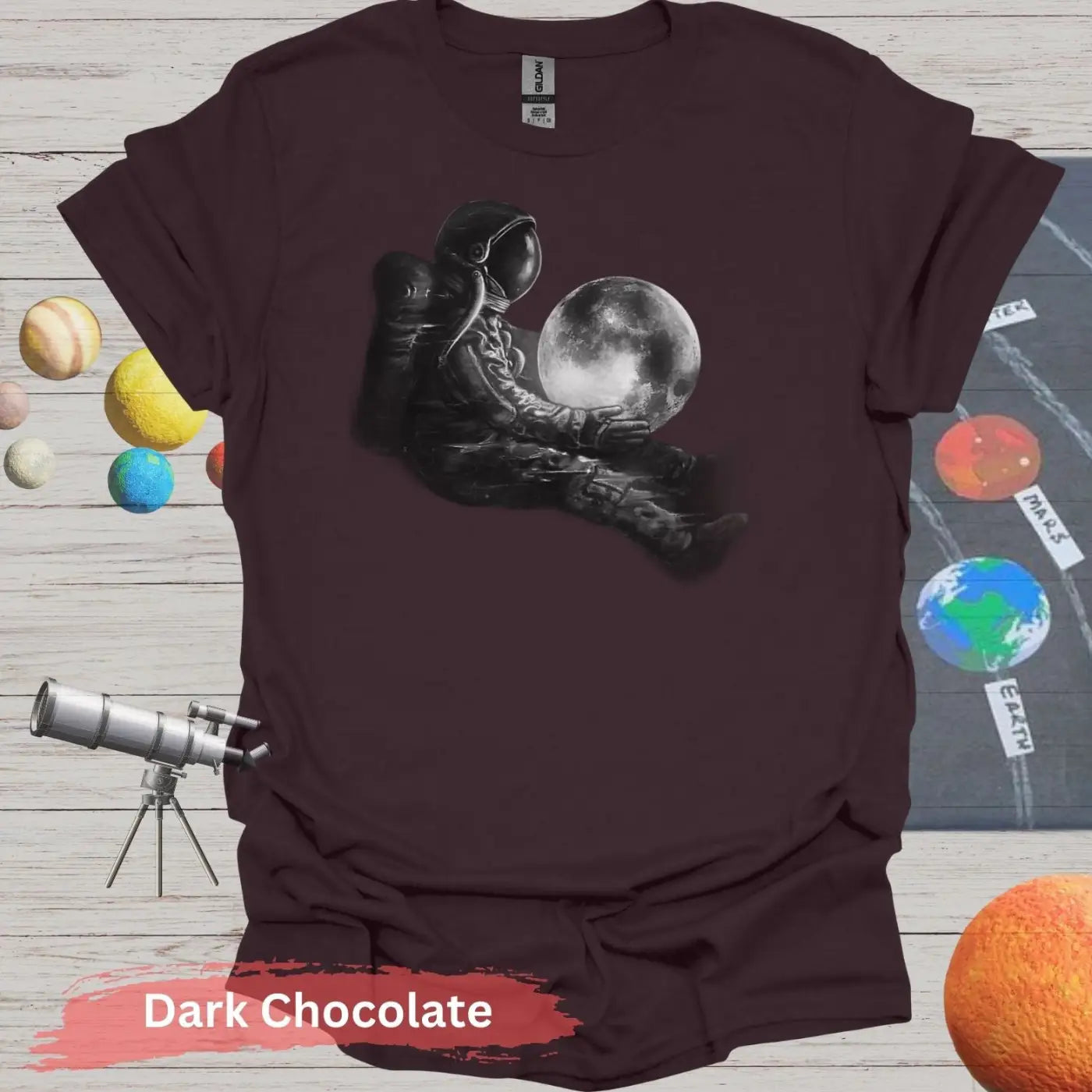 Dreamy Astronaut with Moon | Cosmic Serenity Art Shirt - S / Dark Chocolate - Physical Item