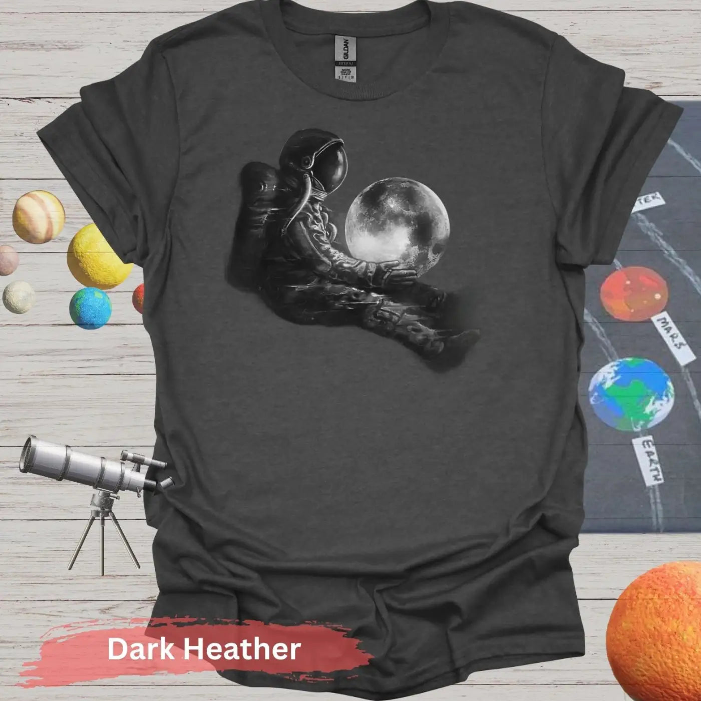 Dreamy Astronaut with Moon | Cosmic Serenity Art Shirt - S / Dark Heather - Physical Item