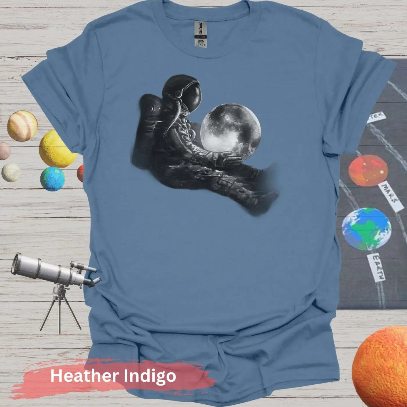 Dreamy Astronaut with Moon | Cosmic Serenity Art Shirt - S / Heather Indigo - Physical Item