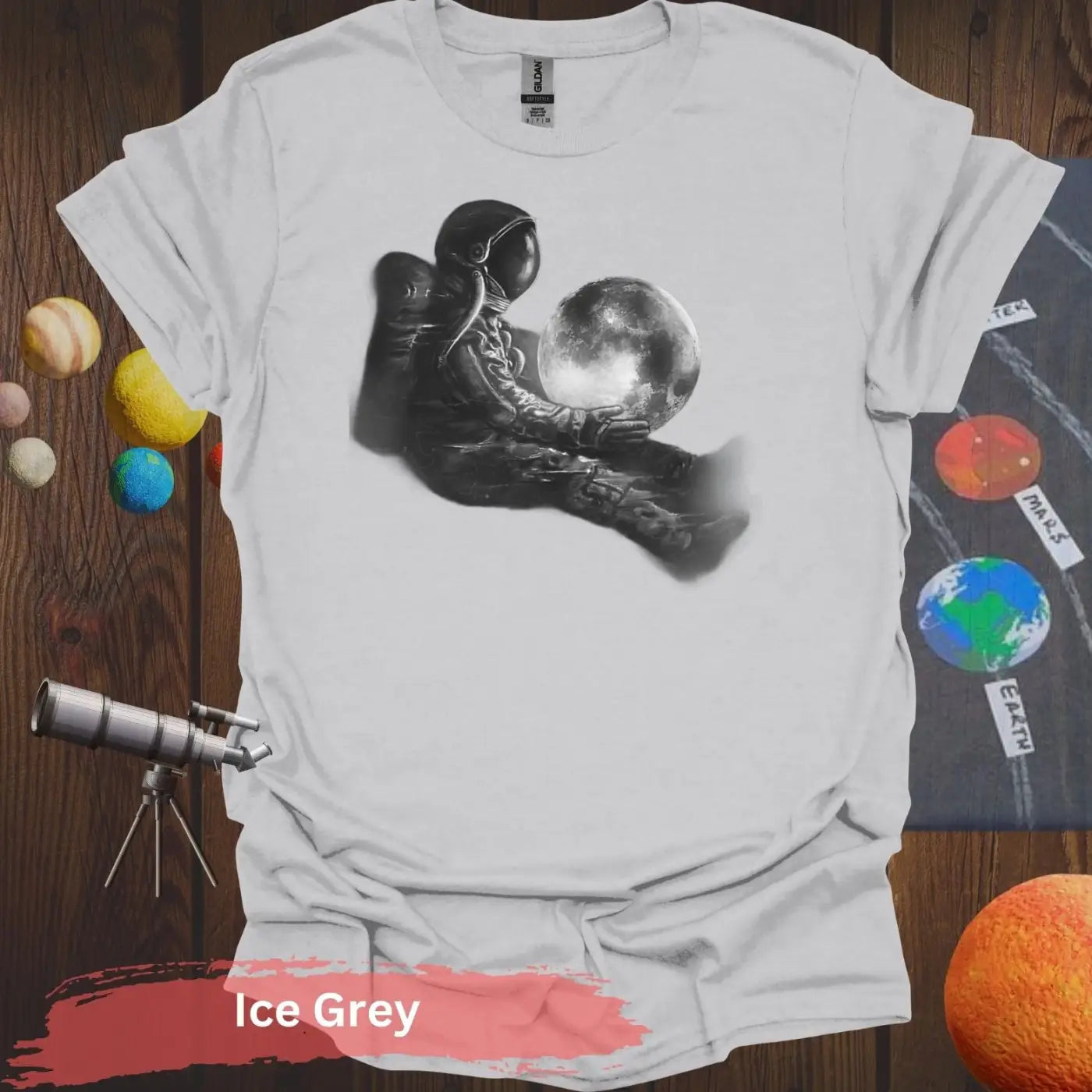 Dreamy Astronaut with Moon | Cosmic Serenity Art Shirt - S / Ice Grey - Physical Item