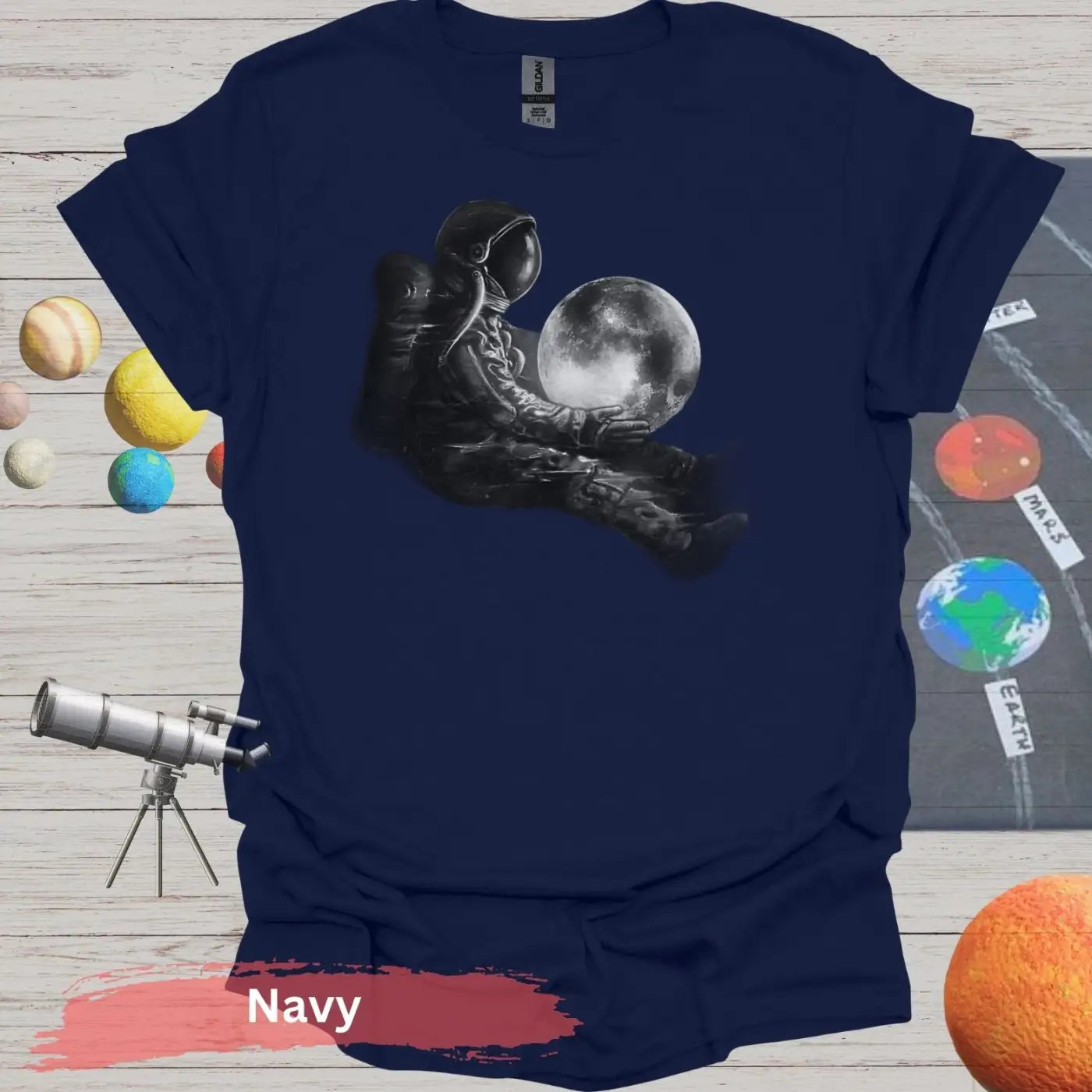 Dreamy Astronaut with Moon | Cosmic Serenity Art Shirt - S / Navy - Physical Item