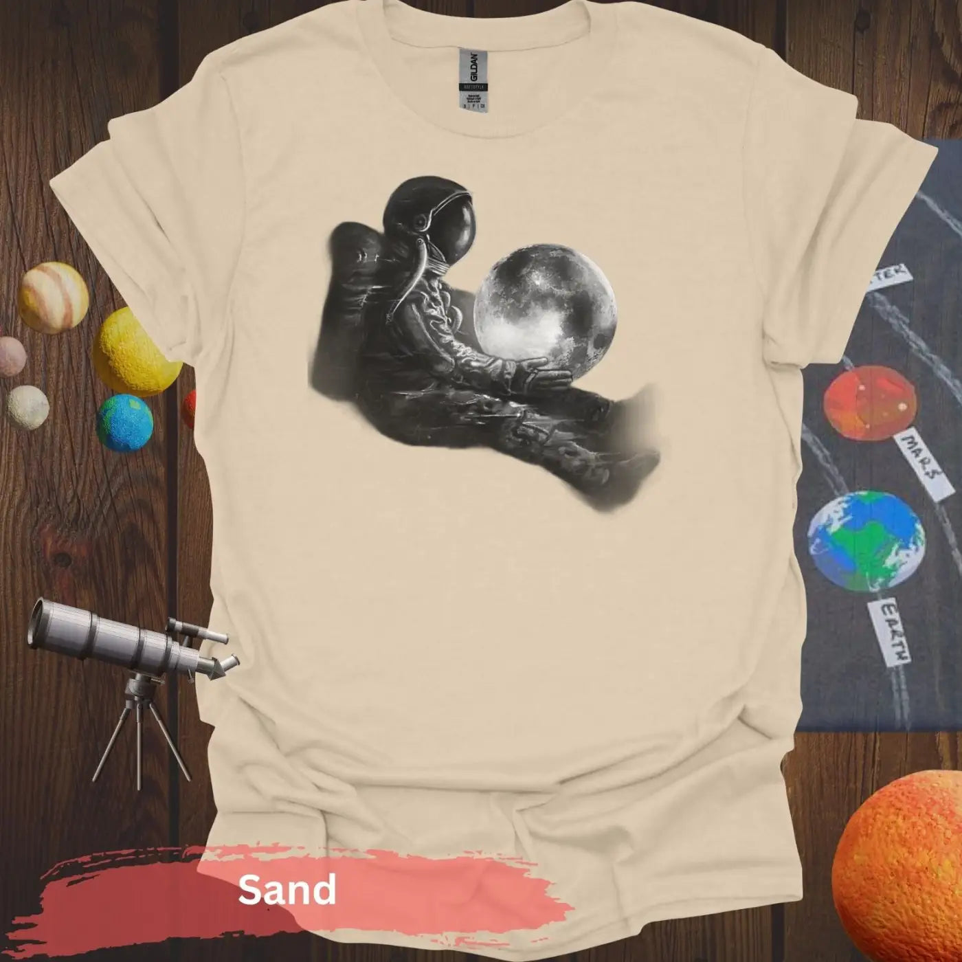 Dreamy Astronaut with Moon | Cosmic Serenity Art Shirt - S / Sand - Physical Item