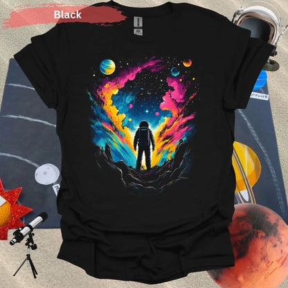 Astronaut in Colorful Cosmic Explosion T-shirt - S / Black - Physical Item