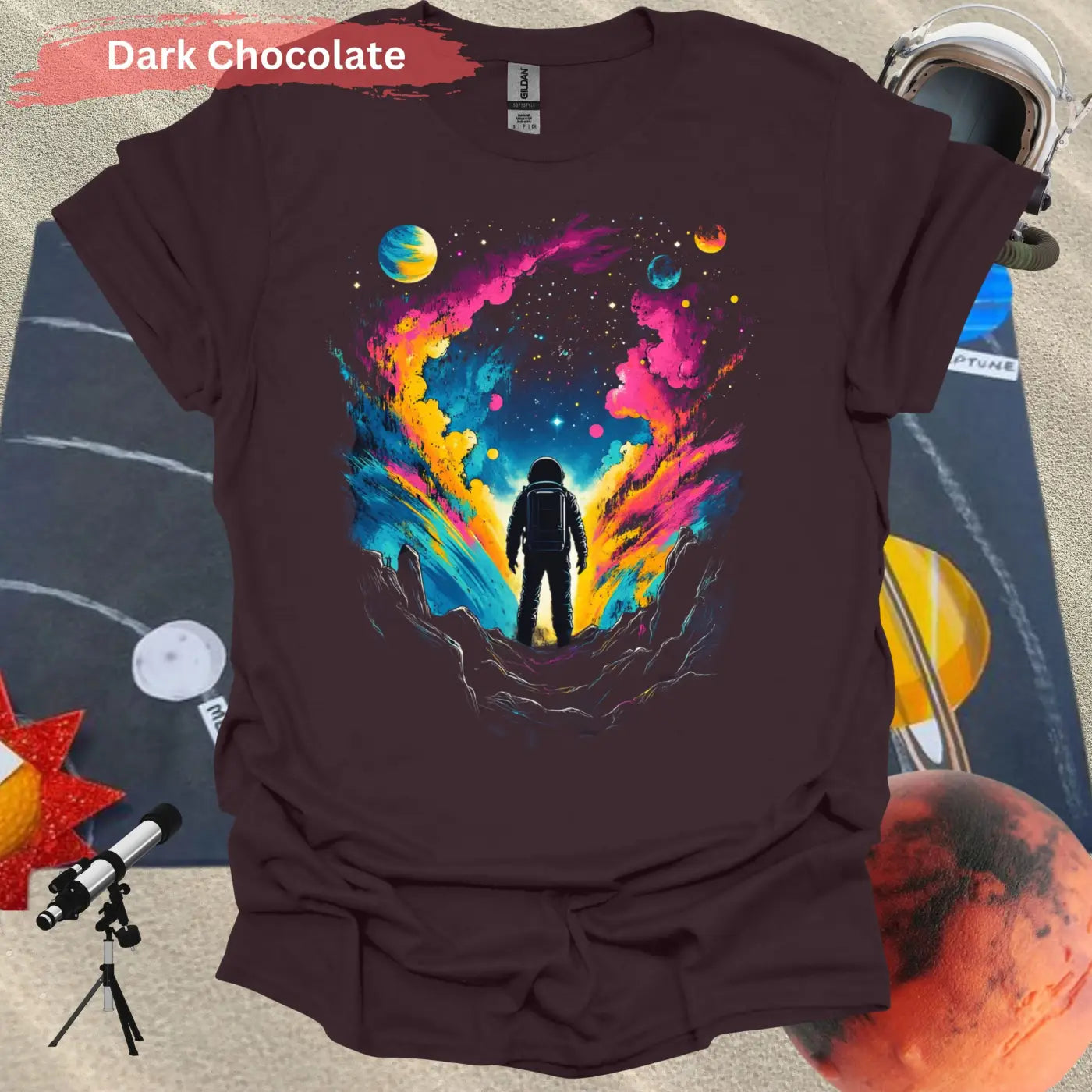 Astronaut in Colorful Cosmic Explosion T-shirt - S / Dark Chocolate - Physical Item