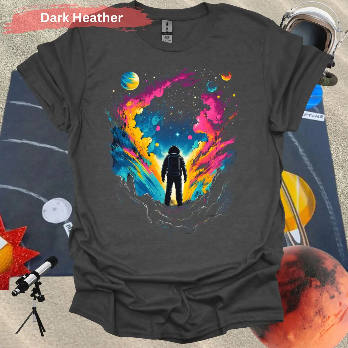 Astronaut in Colorful Cosmic Explosion T-shirt - S / Dark Heather - Physical Item