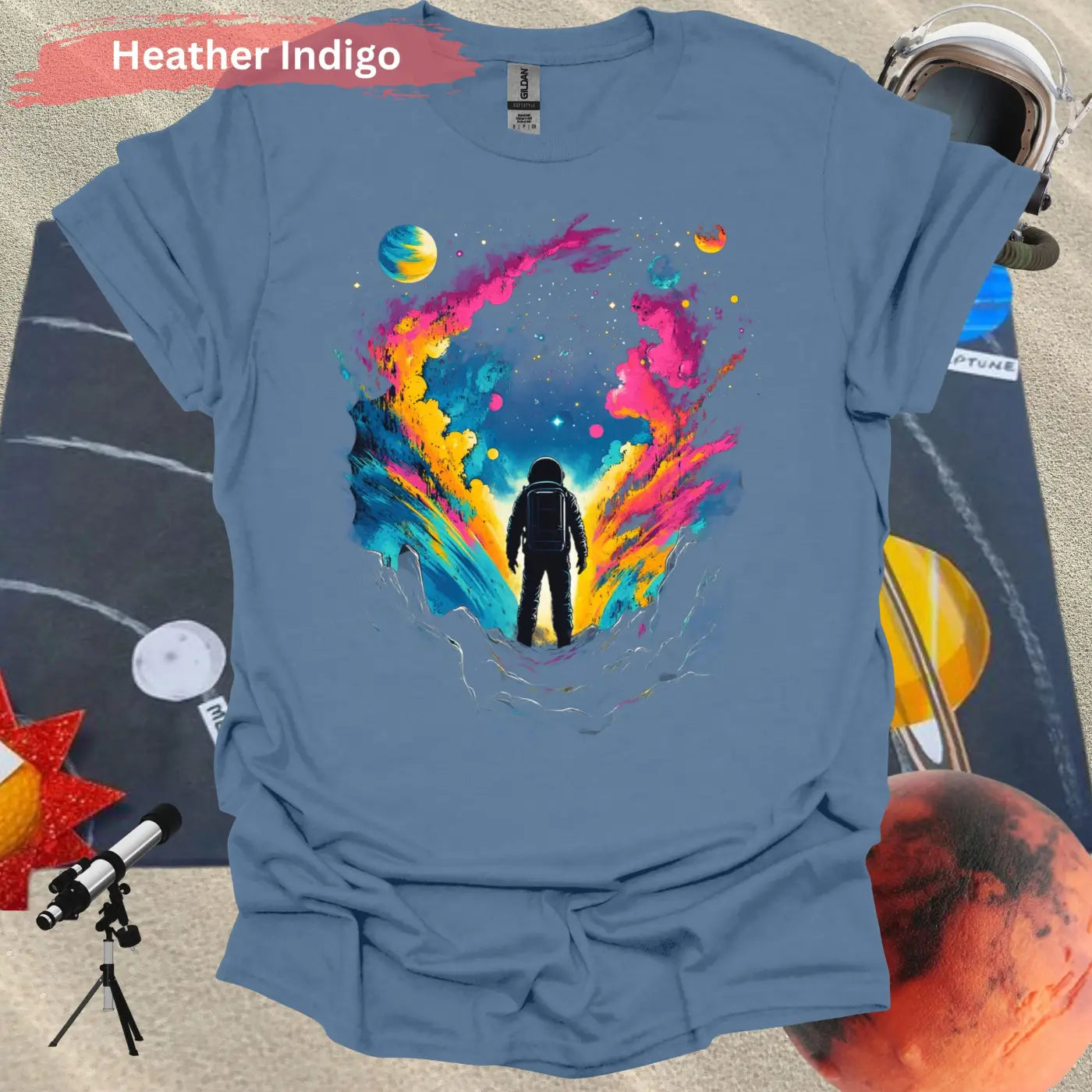 Astronaut in Colorful Cosmic Explosion T-shirt - S / Heather Indigo - Physical Item