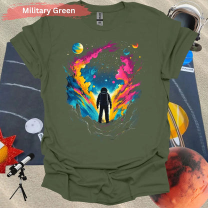 Astronaut in Colorful Cosmic Explosion T-shirt - S / Military Green - Physical Item