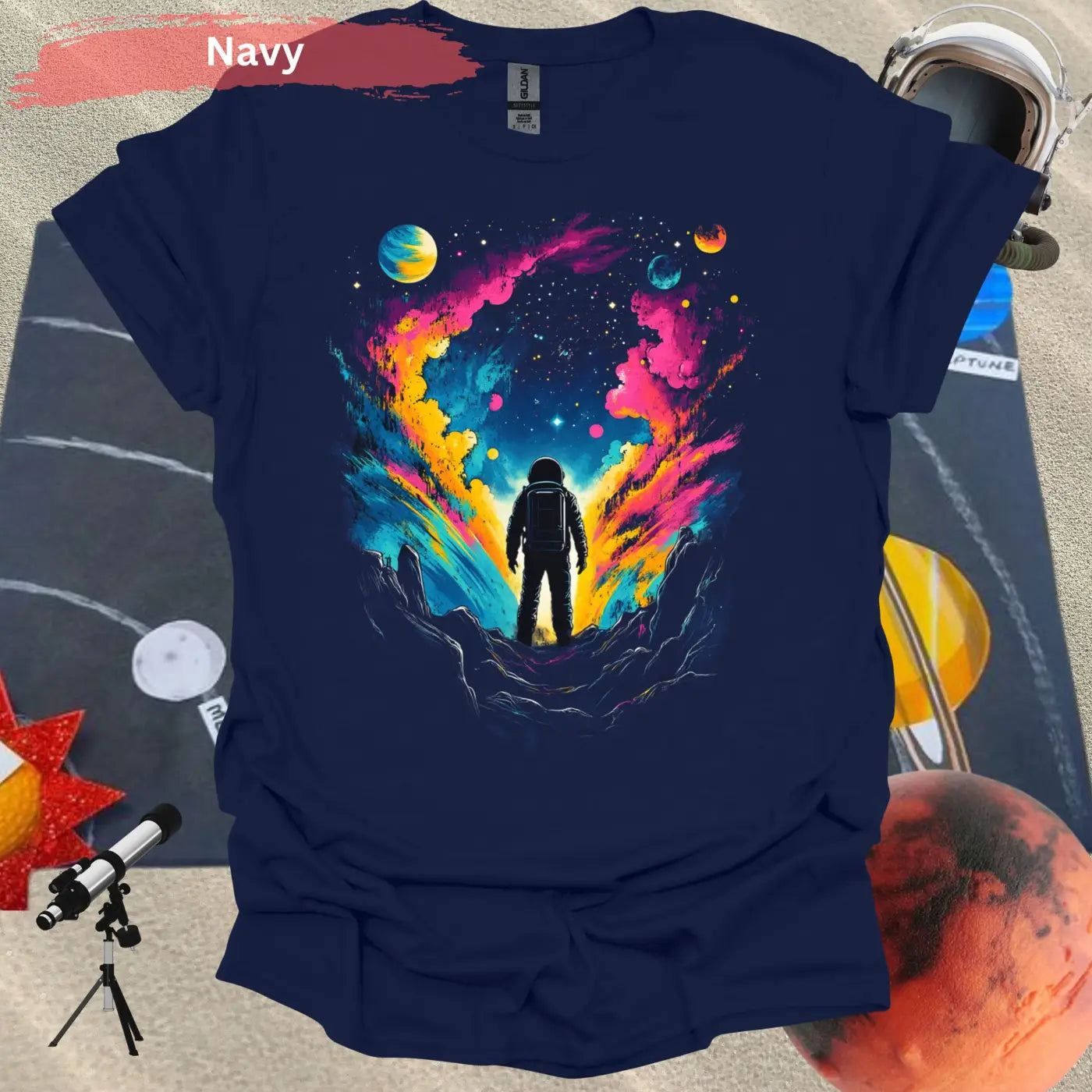 Astronaut in Colorful Cosmic Explosion T-shirt - S / Navy - Physical Item