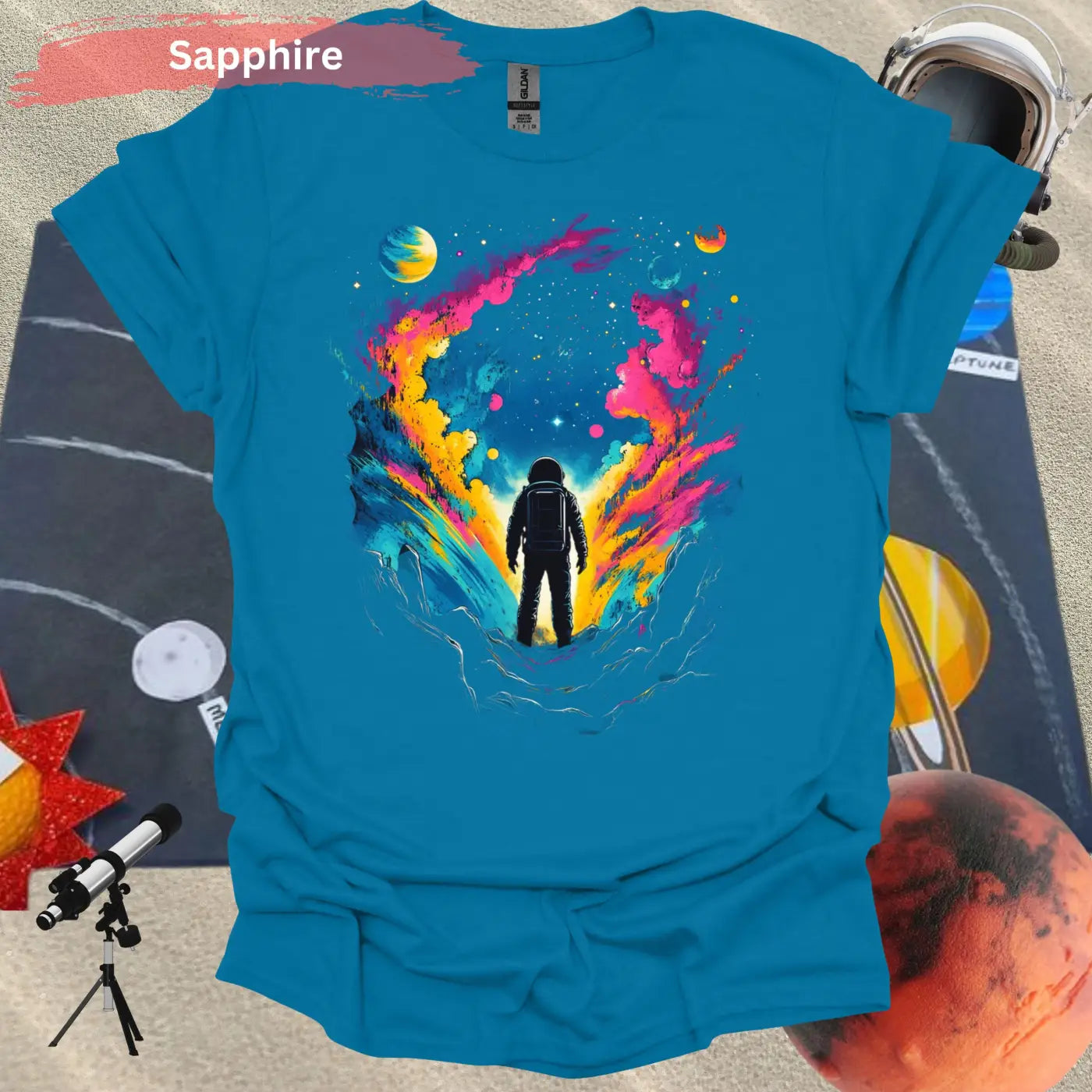 Astronaut in Colorful Cosmic Explosion T-shirt - S / Sapphire - Physical Item