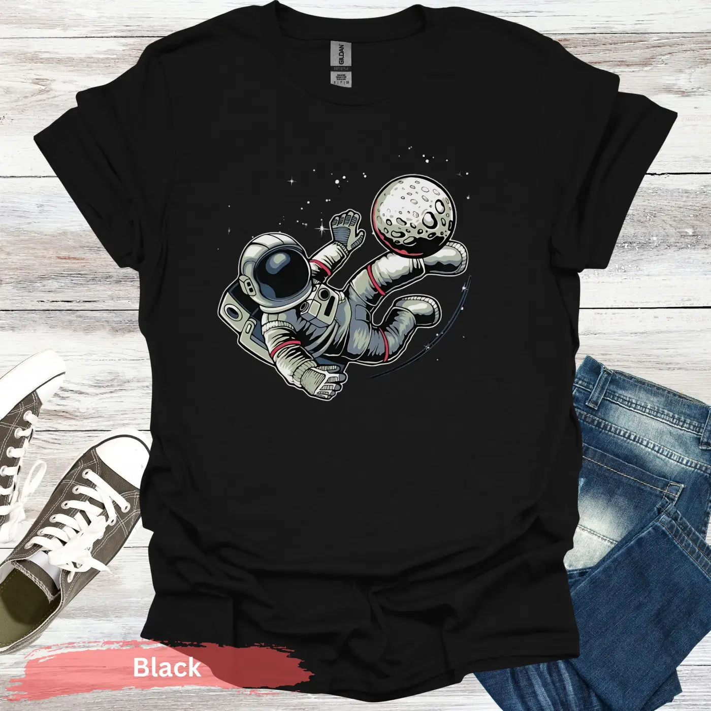 Astronaut Kicking Moon T-shirt - S / Black - Physical Item