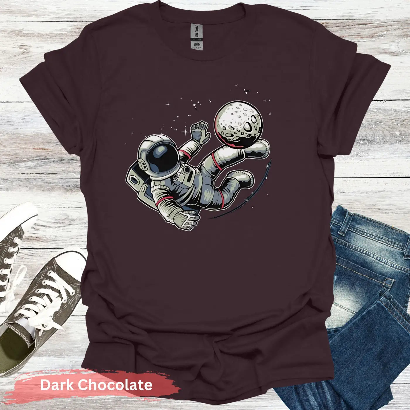 Astronaut Kicking Moon T-shirt - S / Dark Chocolate - Physical Item