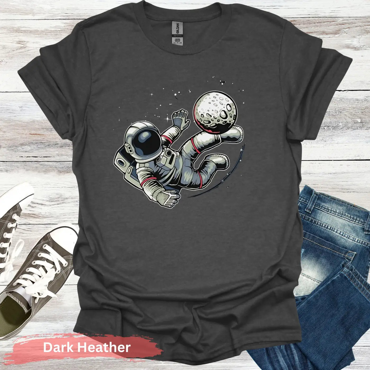Astronaut Kicking Moon T-shirt - S / Dark Heather - Physical Item