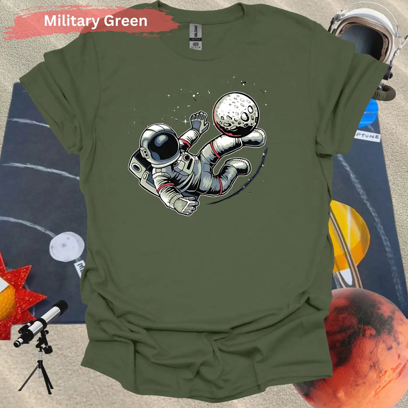 Astronaut Kicking Moon T-shirt - S / Military Green - Physical Item