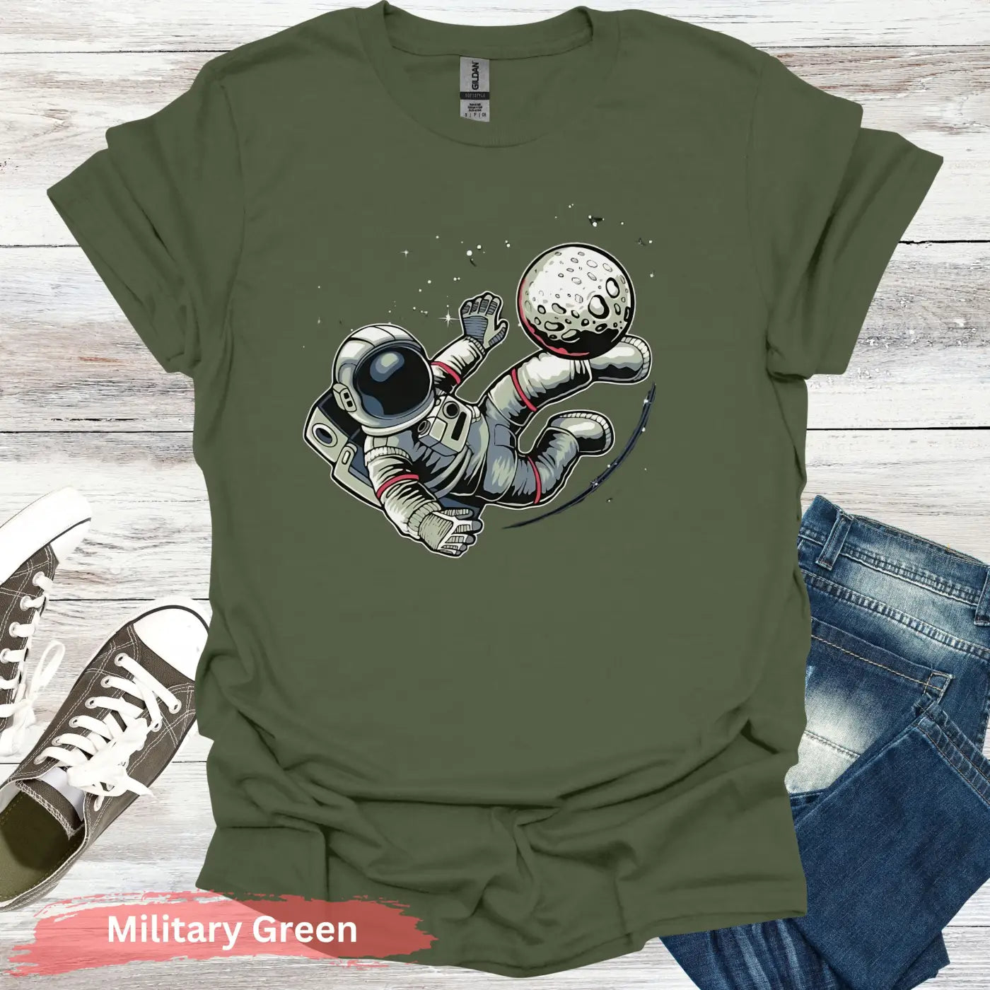 Astronaut Kicking Moon T-shirt - S / Military Green - Physical Item