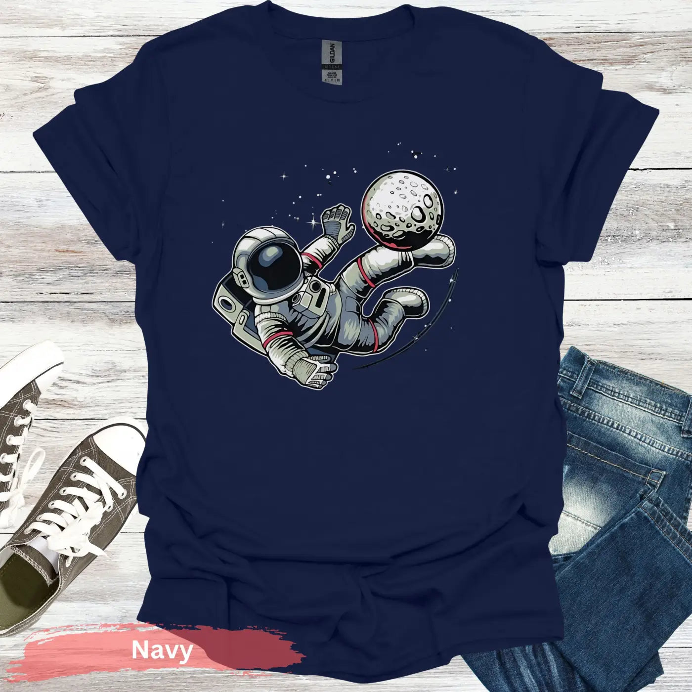 Astronaut Kicking Moon T-shirt - S / Navy - Physical Item