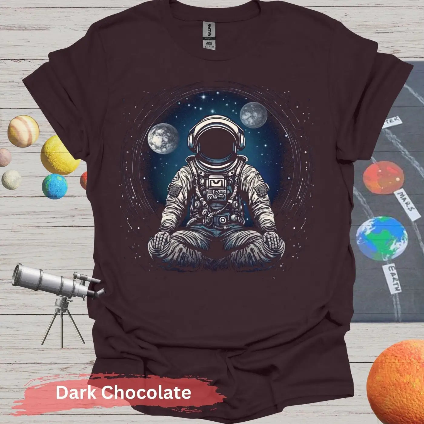 Astronaut Meditating in Space T-shirt - S - Unisex / Dark Chocolate - Physical Item