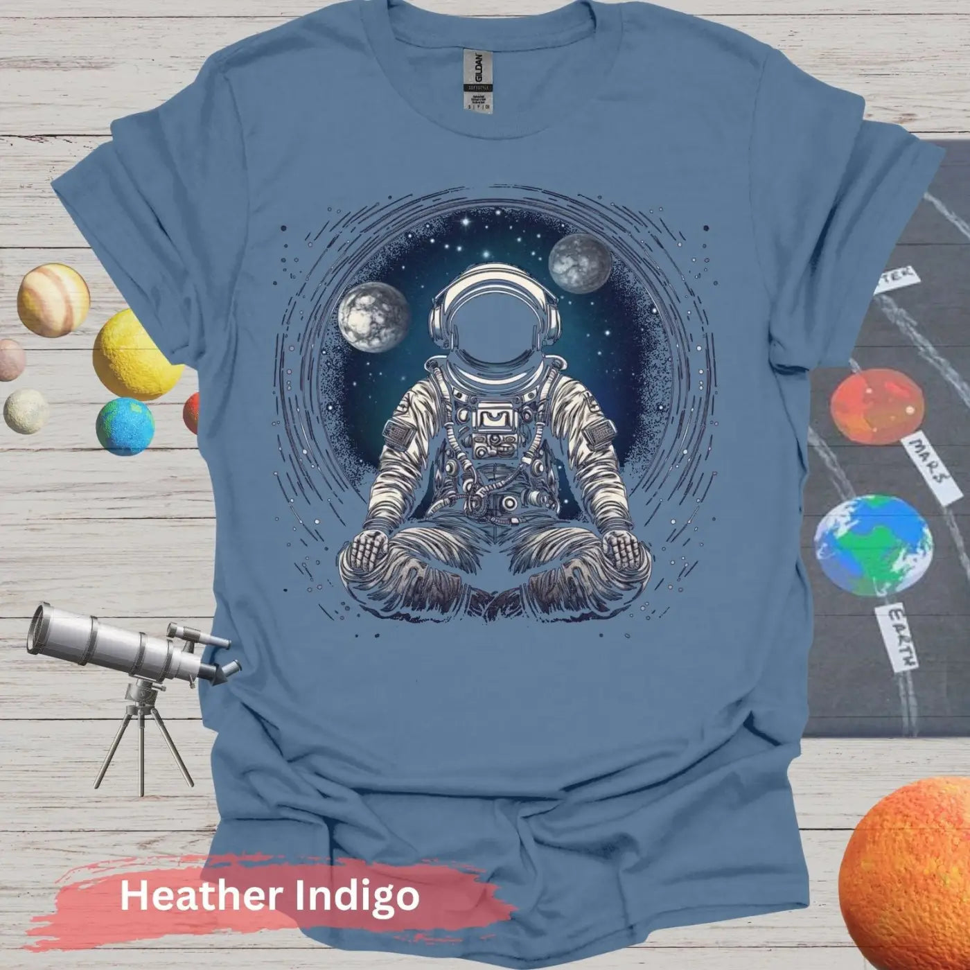 Astronaut Meditating in Space T-shirt - S - Unisex / Heather Indigo - Physical Item