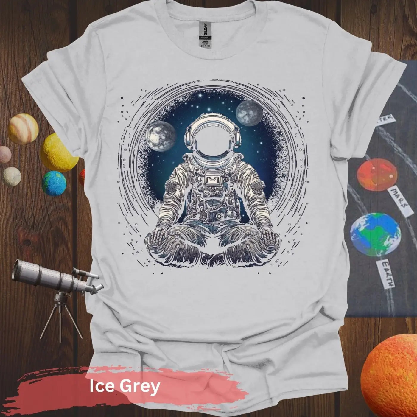 Astronaut Meditating in Space T-shirt - S - Unisex / Ice Grey - Physical Item