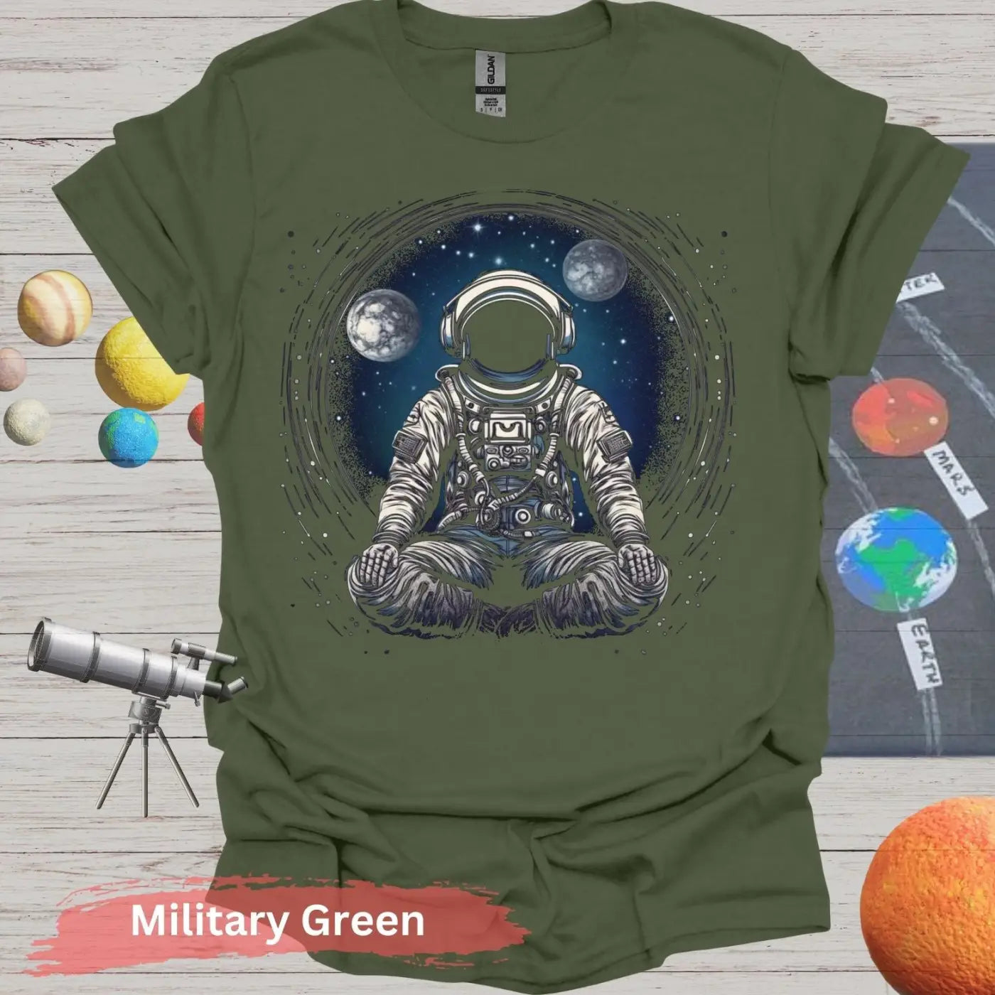 Astronaut Meditating in Space T-shirt - S - Unisex / Military Green - Physical Item