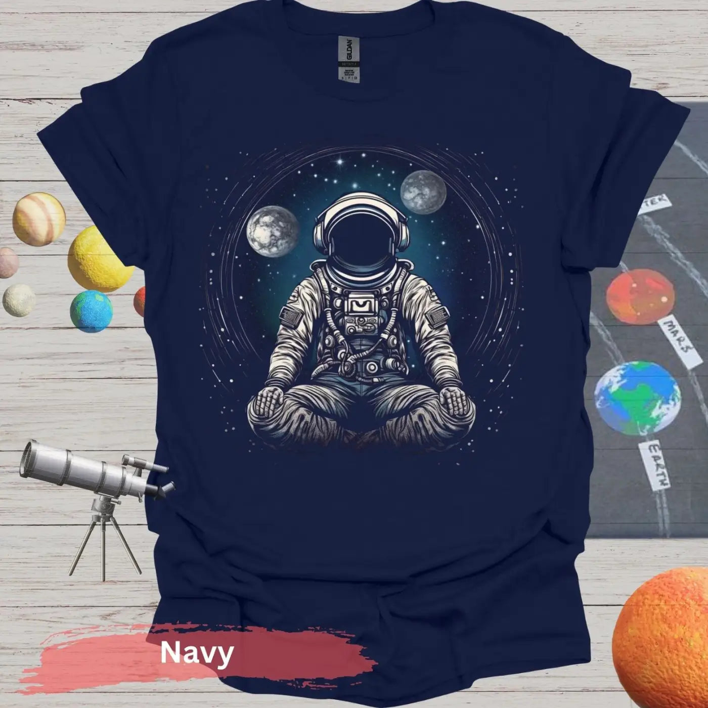 Astronaut Meditating in Space T-shirt - S - Unisex / Navy - Physical Item