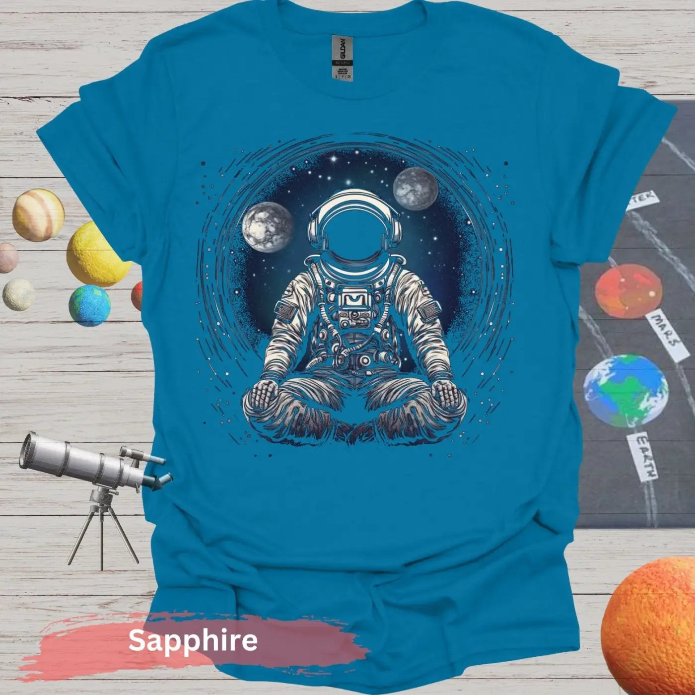 Astronaut Meditating in Space T-shirt - S - Unisex / Sapphire - Physical Item