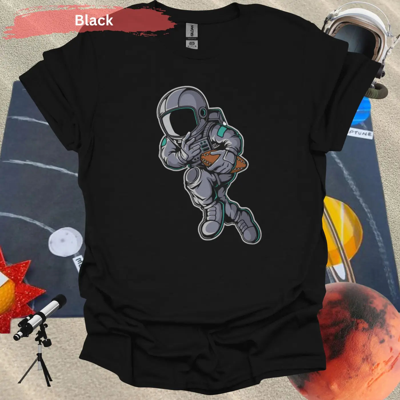 Astronaut Playing Football T-Shirt - S / Black - Physical Item