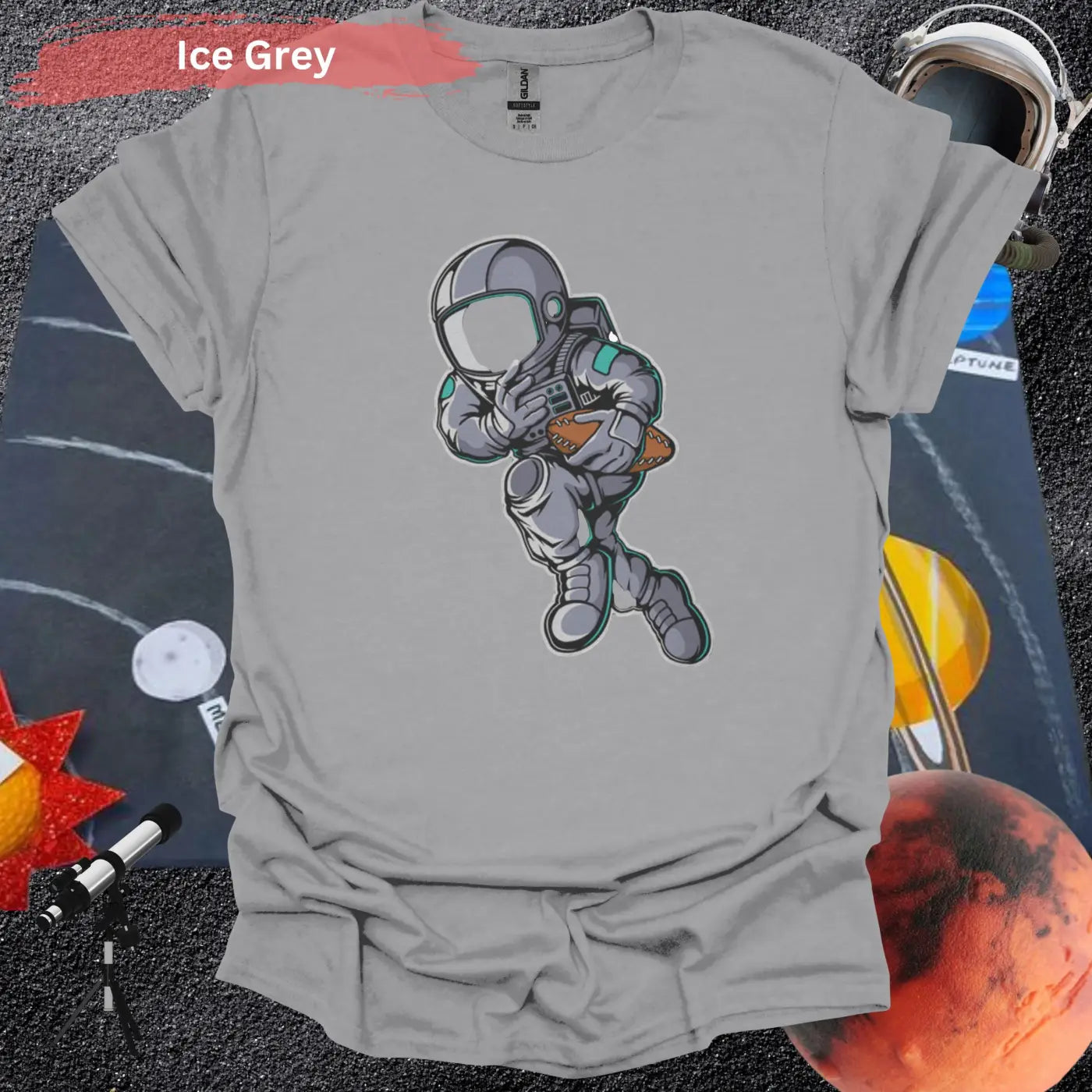 Astronaut Playing Football T-Shirt - S / Ice Grey - Physical Item