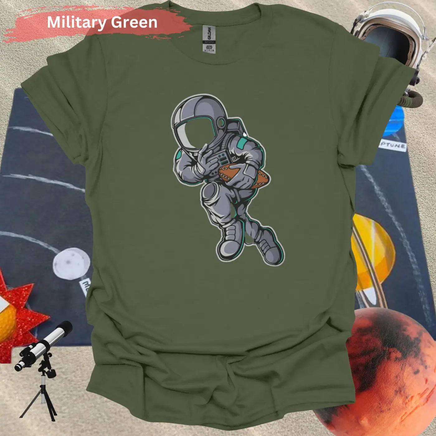 Astronaut Playing Football T-Shirt - S / Military Green - Physical Item