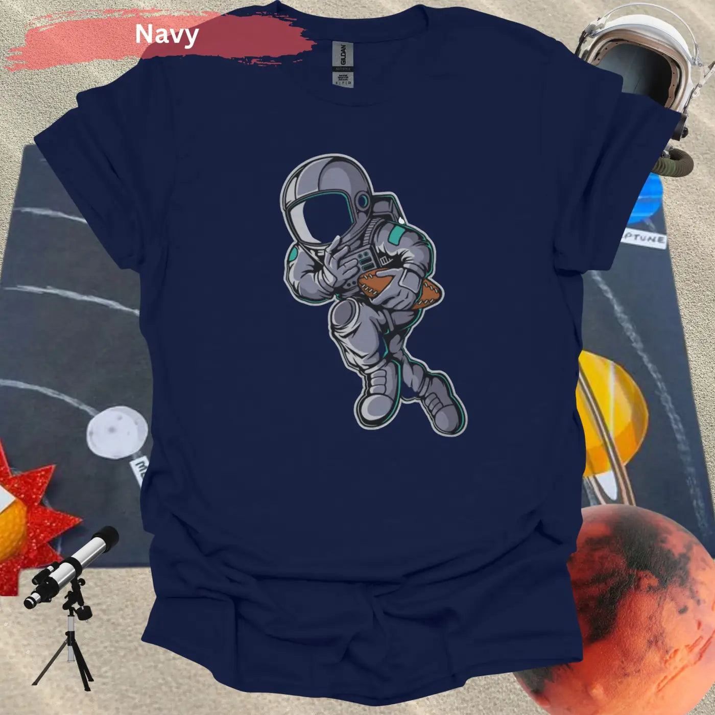 Astronaut Playing Football T-Shirt - S / Navy - Physical Item