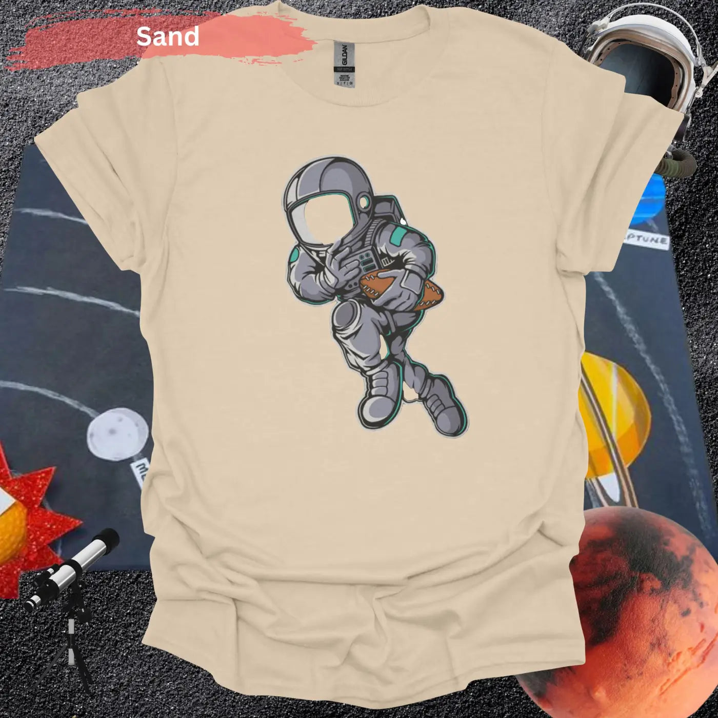 Astronaut Playing Football T-Shirt - S / Sand - Physical Item