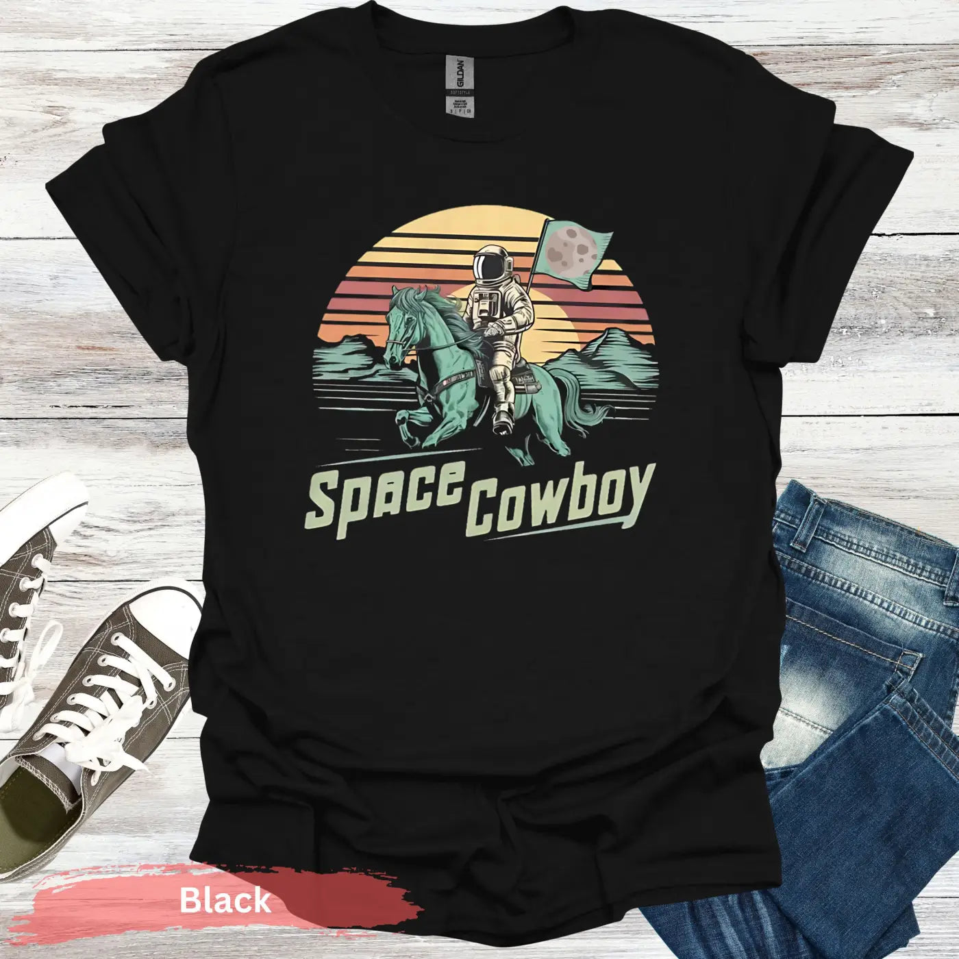 Astronaut Riding Horse T-shirt - S / Black - Physical Item