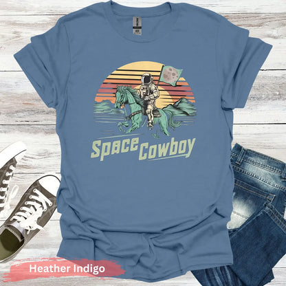 Astronaut Riding Horse T-shirt - S / Heather Indigo - Physical Item