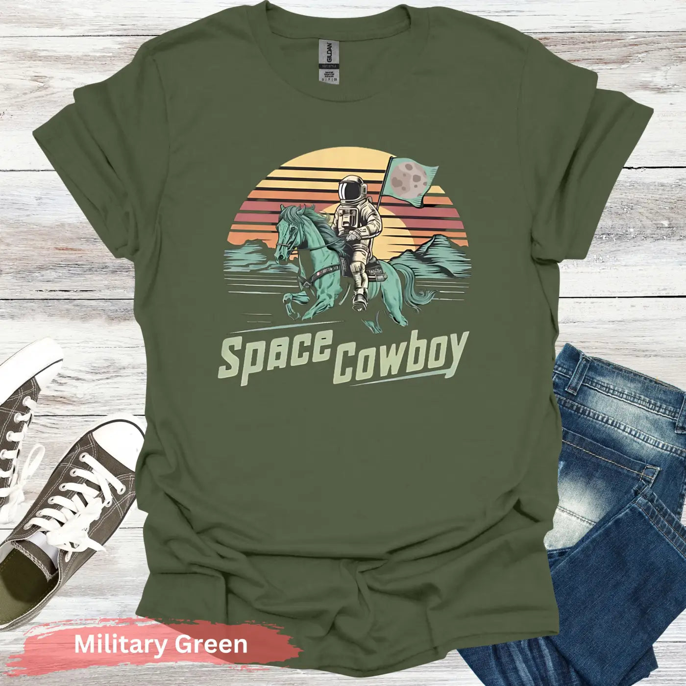 Astronaut Riding Horse T-shirt - S / Military Green - Physical Item
