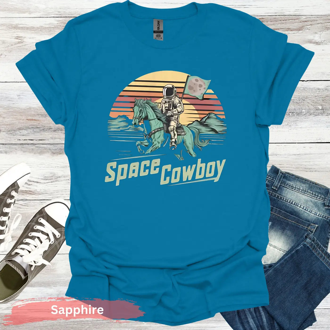 Astronaut Riding Horse T-shirt - S / Sapphire - Physical Item