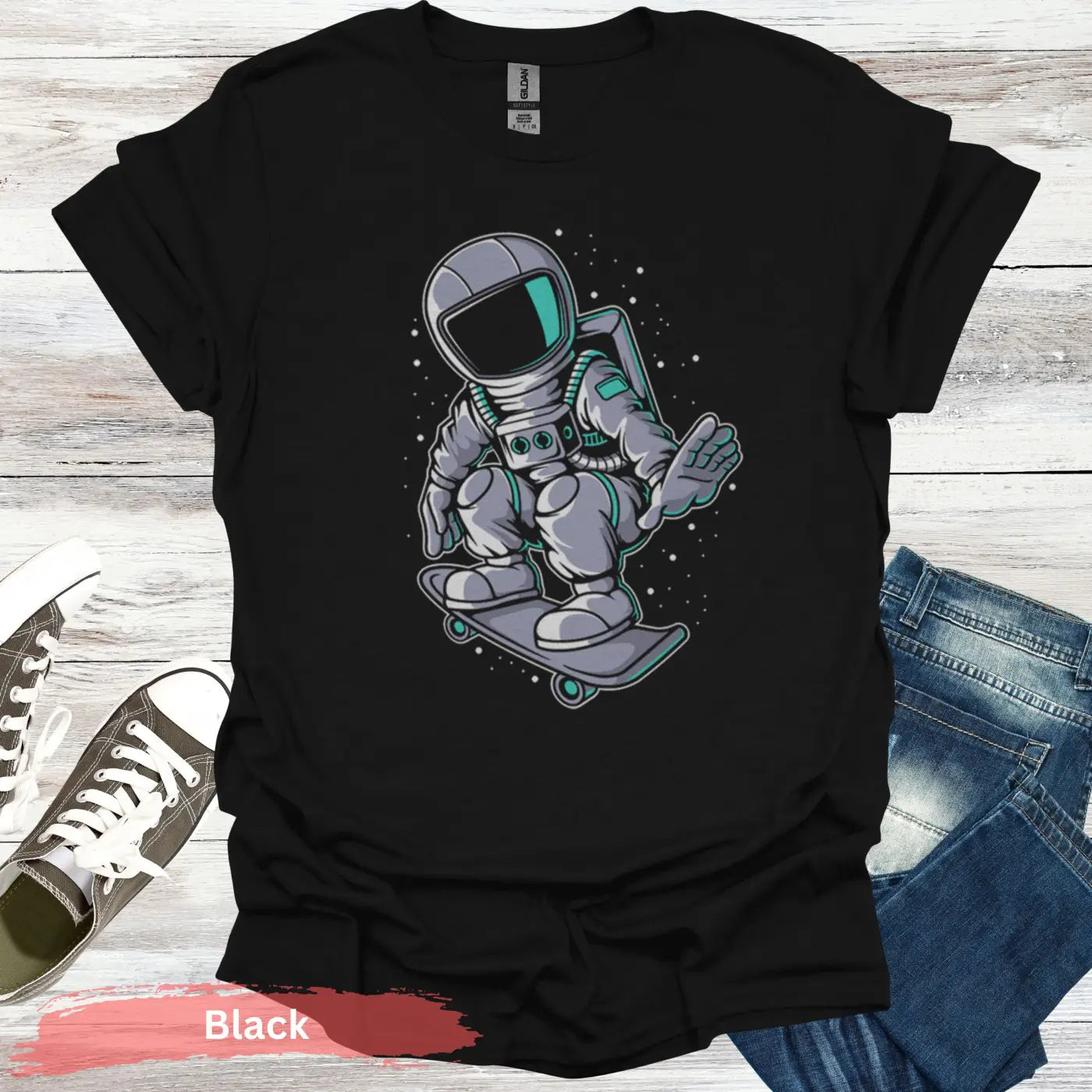 Astronaut Skateboard T-Shirt - S / Black - Physical Item