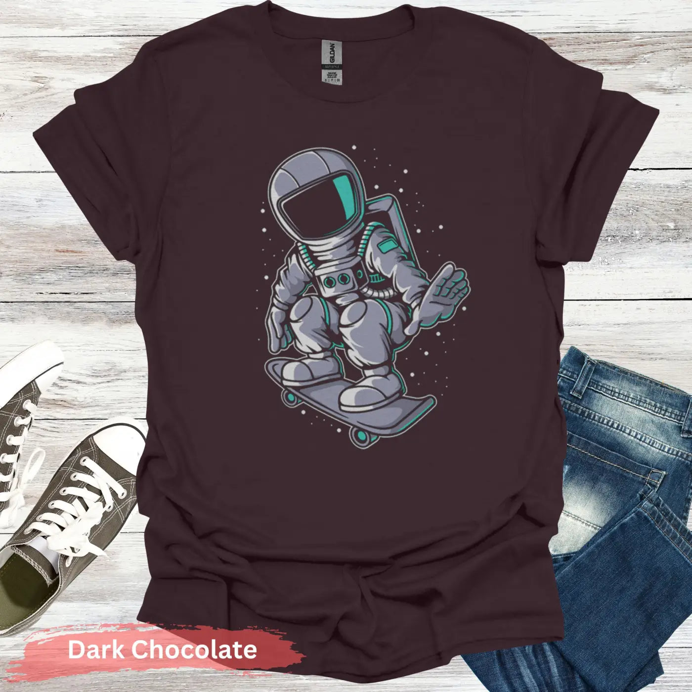 Astronaut Skateboard T-Shirt - S / Dark Chocolate - Physical Item