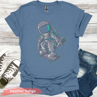 Astronaut Skateboard T-Shirt - S / Heather Indigo - Physical Item