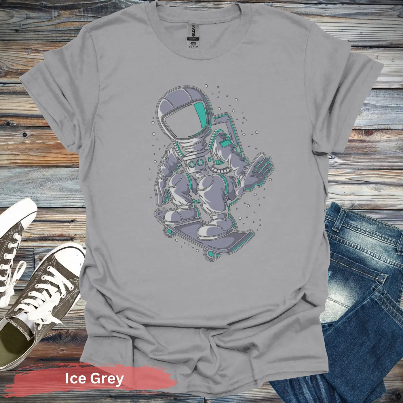 Astronaut Skateboard T-Shirt - S / Ice Grey - Physical Item