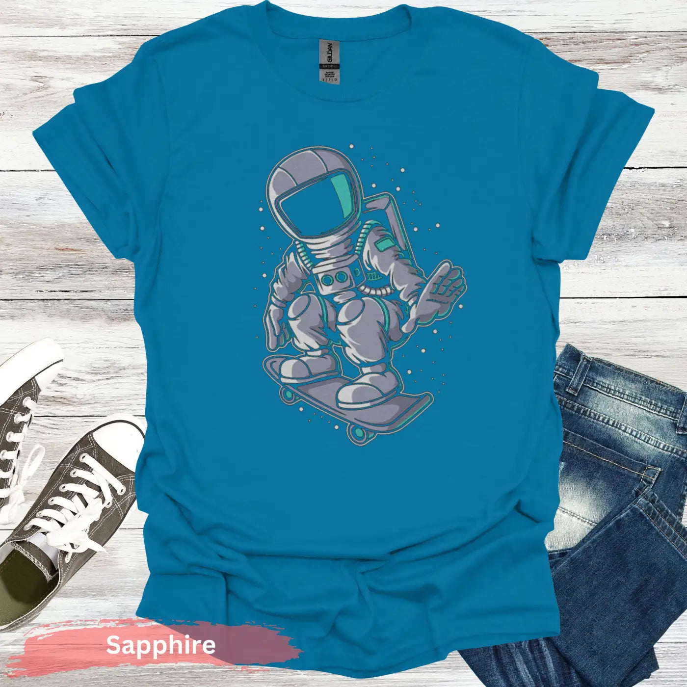 Astronaut Skateboard T-Shirt - S / Sapphire - Physical Item