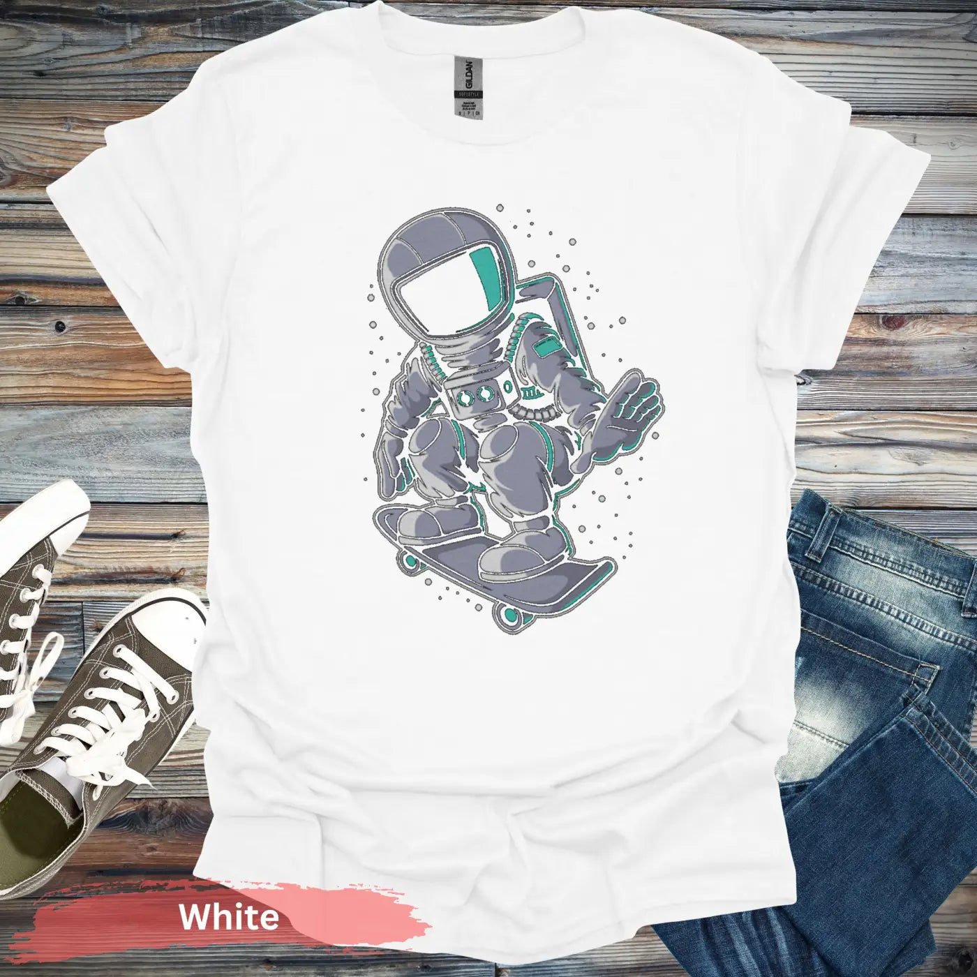 Astronaut Skateboard T-Shirt - S / White - Physical Item