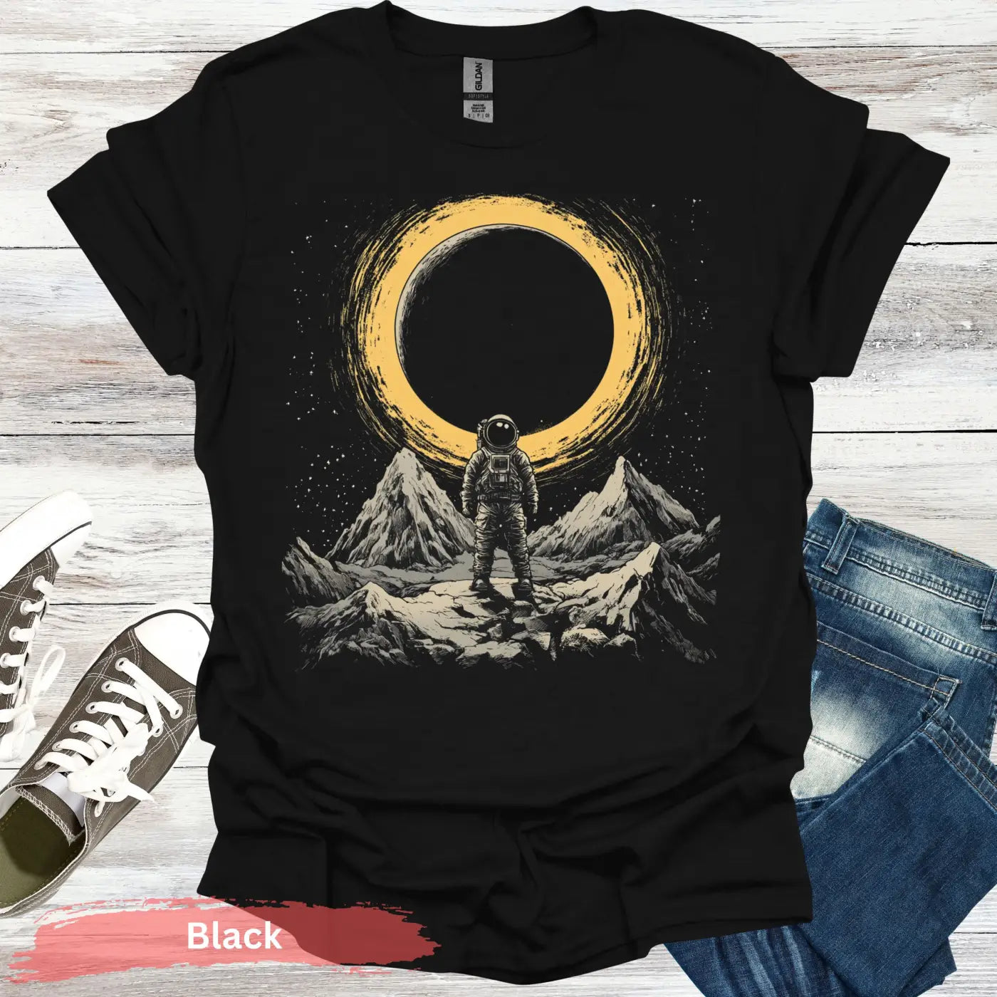 Astronaut Standing on Mountain with Sun T-Shirt - S / Black - Physical Item